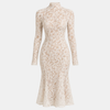 Ivory lace midi dress for women with a high neck, stylish FJØRNA dress featuring intricate lace details and elegant design.