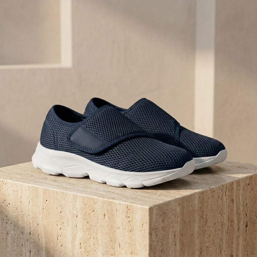 Men’s FJØRNA mesh trainers with lightweight breathable slip-on design, showcasing the comfortable, sporty shoe front view.