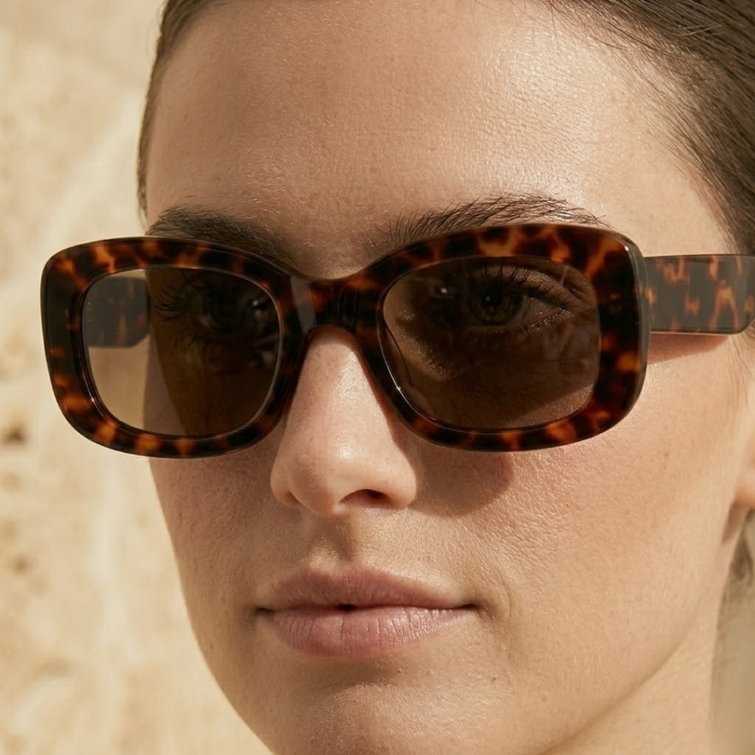 FJØRNA retro rectangular unisex sunglasses with black frames and dark lenses, stylish accessories for women and men.
