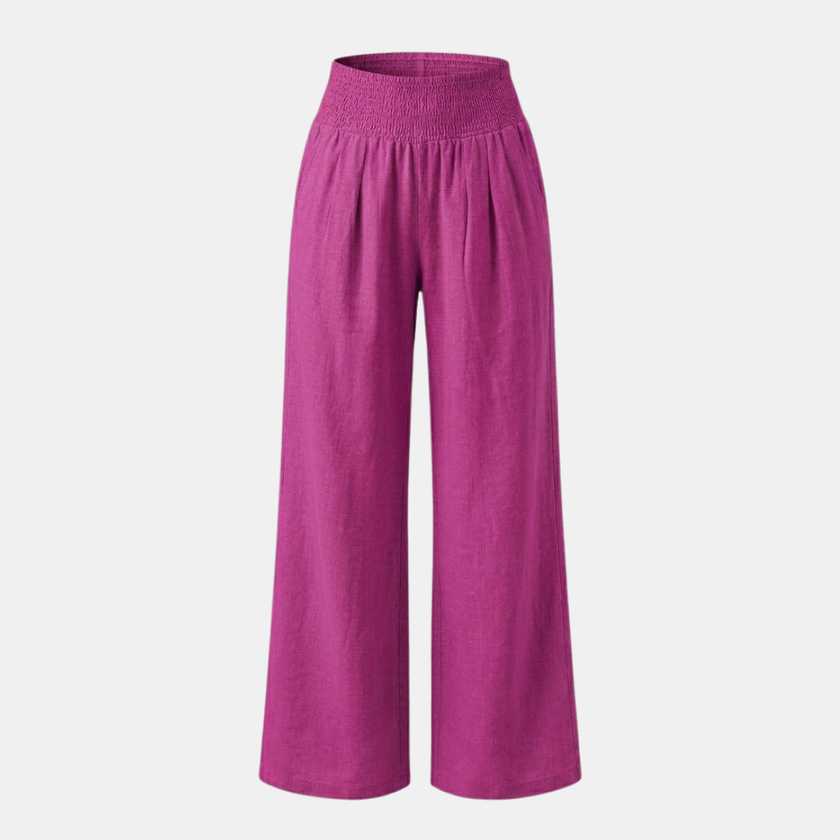 FJØRNA linen blend wide-leg women's trousers with elastic waistband, relaxed fit, and casual style, shown on a model.