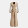 Women’s V neck mesh sleeve evening jumpsuit by FJØRNA, stylish women’s set with elegant V neckline and mesh sleeve details.