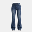 Women’s mid waist stretch flared denim jeans by FJØRNA, showing the stylish fitted waistband and flared leg design.