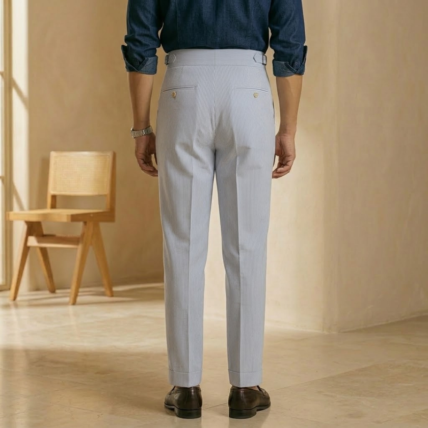 FJØRNA men's straight leg high waist tailored trousers, front view showing sleek fit and classic design.