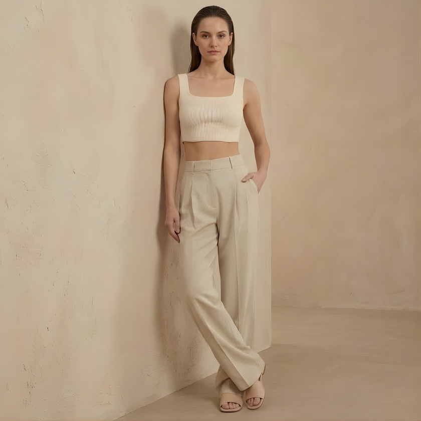 FJØRNA women's high waist wide leg pleated trousers, stylish and comfortable pants with a relaxed fit and modern design.