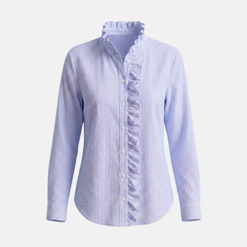 FJØRNA striped men's top, casual style with horizontal blue and white stripes, short sleeves, and crew neckline.