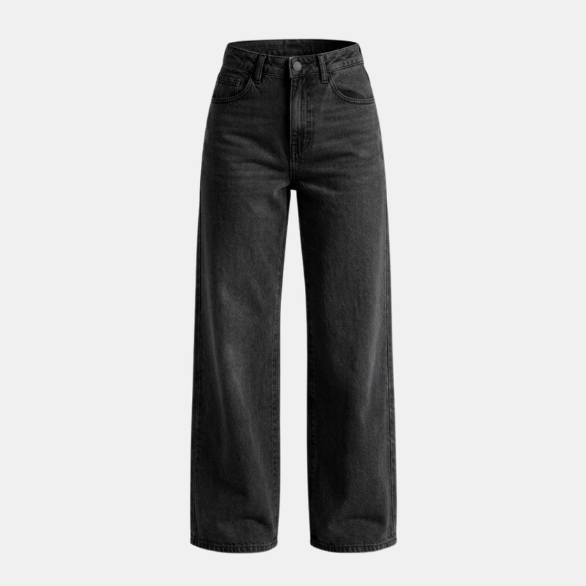 Women’s high waisted wide leg denim jeans by FJØRNA, showing the relaxed fit and classic blue denim fabric.