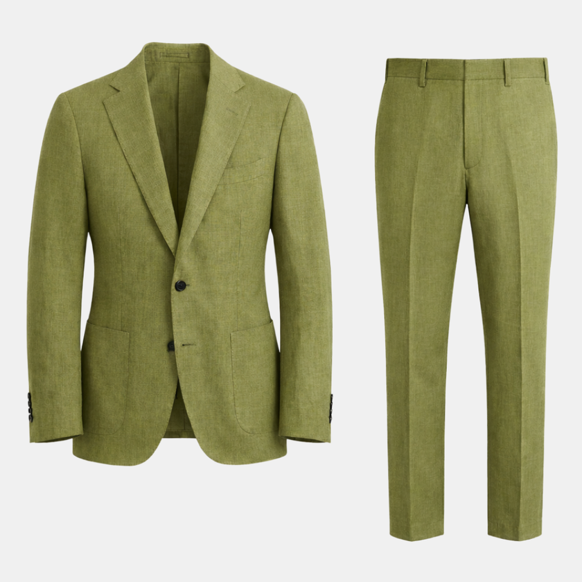 FJØRNA two-piece men's suit set featuring a tailored blazer and matching trousers on a hanger.
