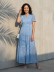 FJØRNA women's summer midi dress with short sleeves, wrap design, flowy tail, perfect for warm-weather styling.