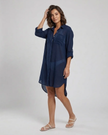 FJØRNA women's button-down cover-up mini dress with chest pockets, lightweight and casual for beach or poolside wear.