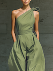 FJØRNA cotton-linen one-shoulder jumpsuit for women with tie waist and wide-leg pants, stylish and comfortable summer outfit