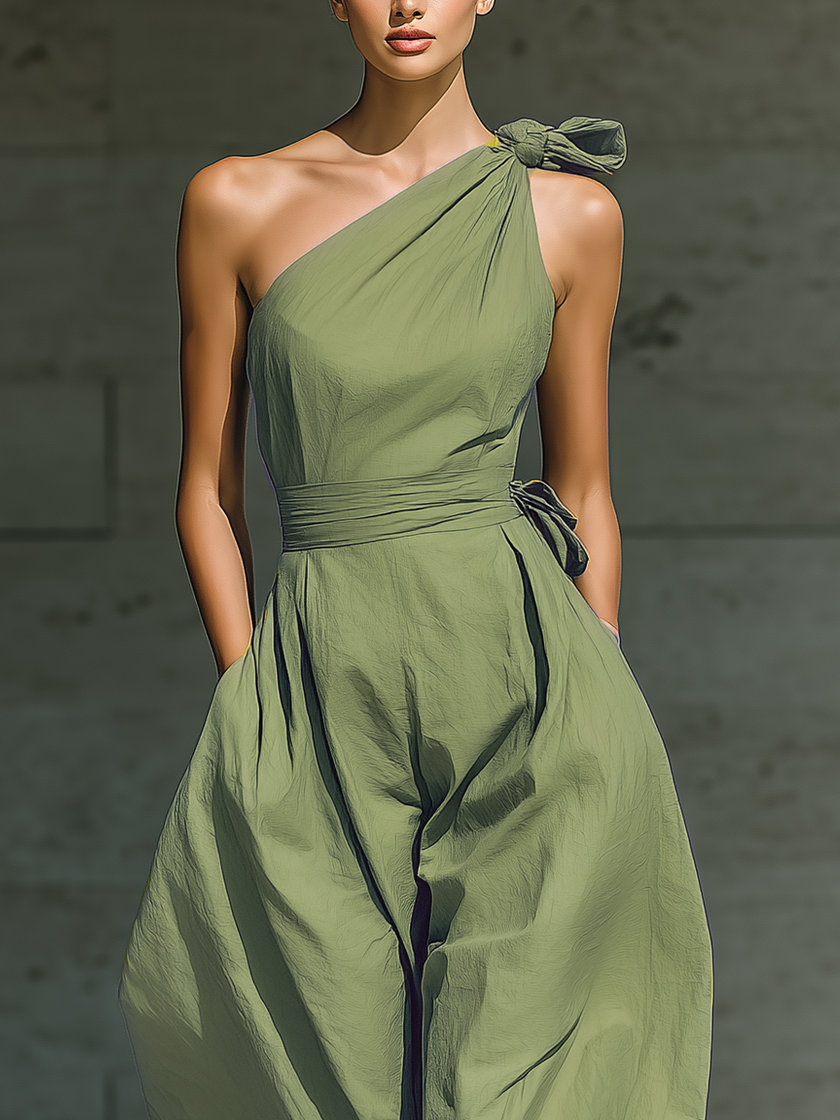 FJØRNA cotton-linen one-shoulder jumpsuit for women with tie waist and wide-leg pants, stylish and comfortable summer outfit