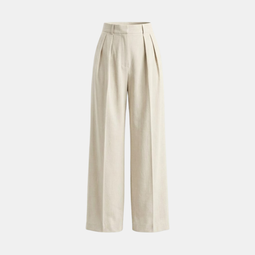 FJØRNA women’s high waisted pleated wide leg trousers, stylish and flowy pants with a relaxed fit and elegant pleats.