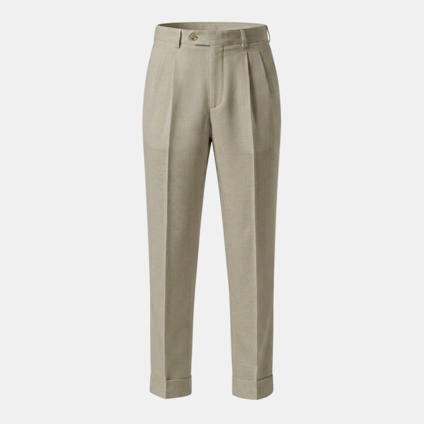 Men's linen straight leg trousers by FJØRNA with high waist and pleated design, shown in a natural pose on a plain background.