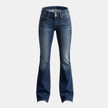 Women’s mid waist slim fit flared jeans by FJØRNA, showing the stretch fabric and stylish silhouette in a natural pose.