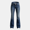 Women’s mid waist slim fit flared jeans by FJØRNA, showing the stretch fabric and stylish silhouette in a natural pose.