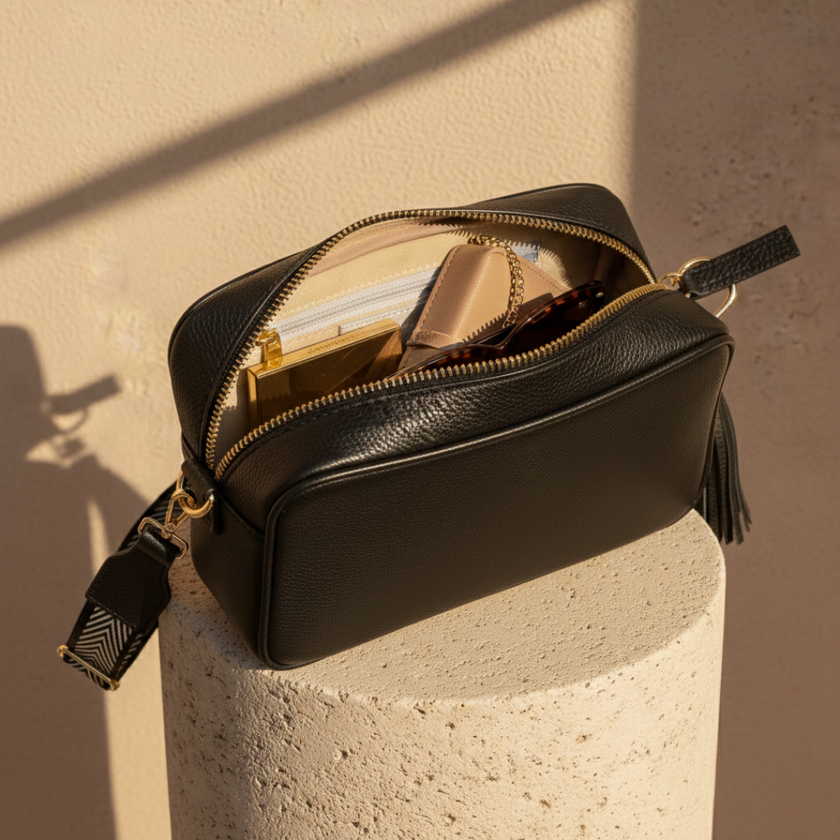 FJØRNA leather crossbody bag with chevron strap, genuine leather, compact women’s bag featuring adjustable strap and stylish design.