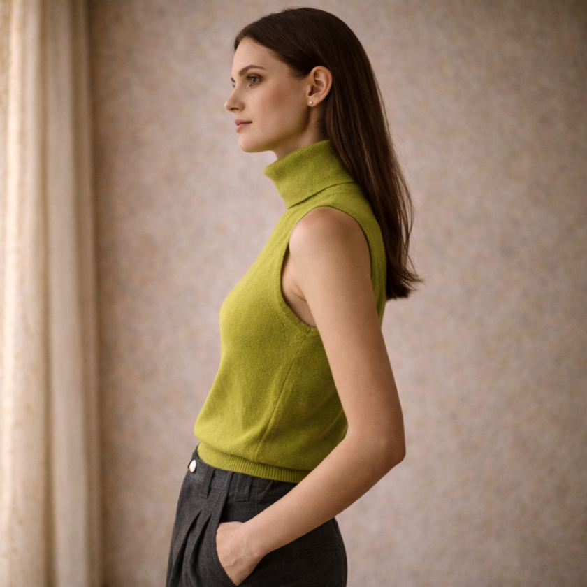 FJØRNA men's knit turtleneck top, showcasing a cozy, fitted wool sweater with a high collar in neutral color.