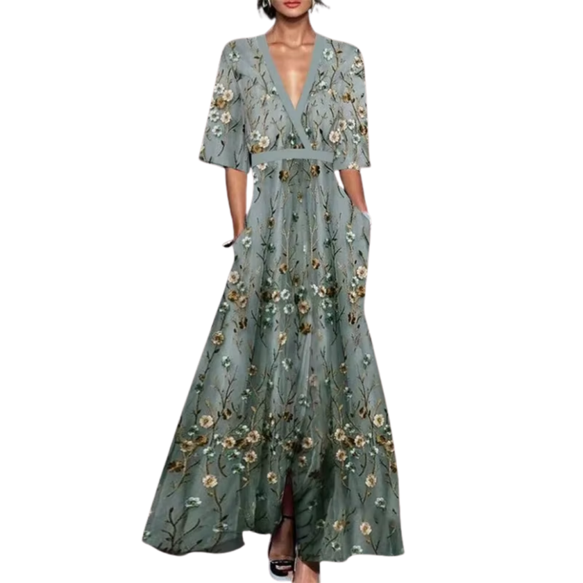 FJØRNA elegant floral V-neck dress for women, showcasing a flowy fabric and stylish design perfect for special occasions.