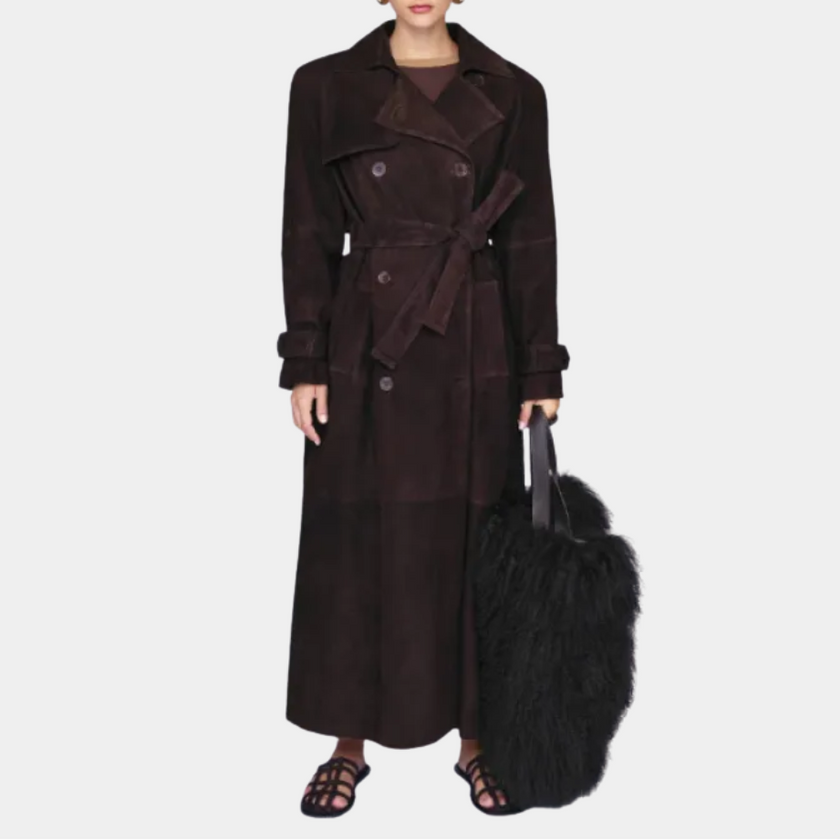 Belted Long Coat Suede Brown