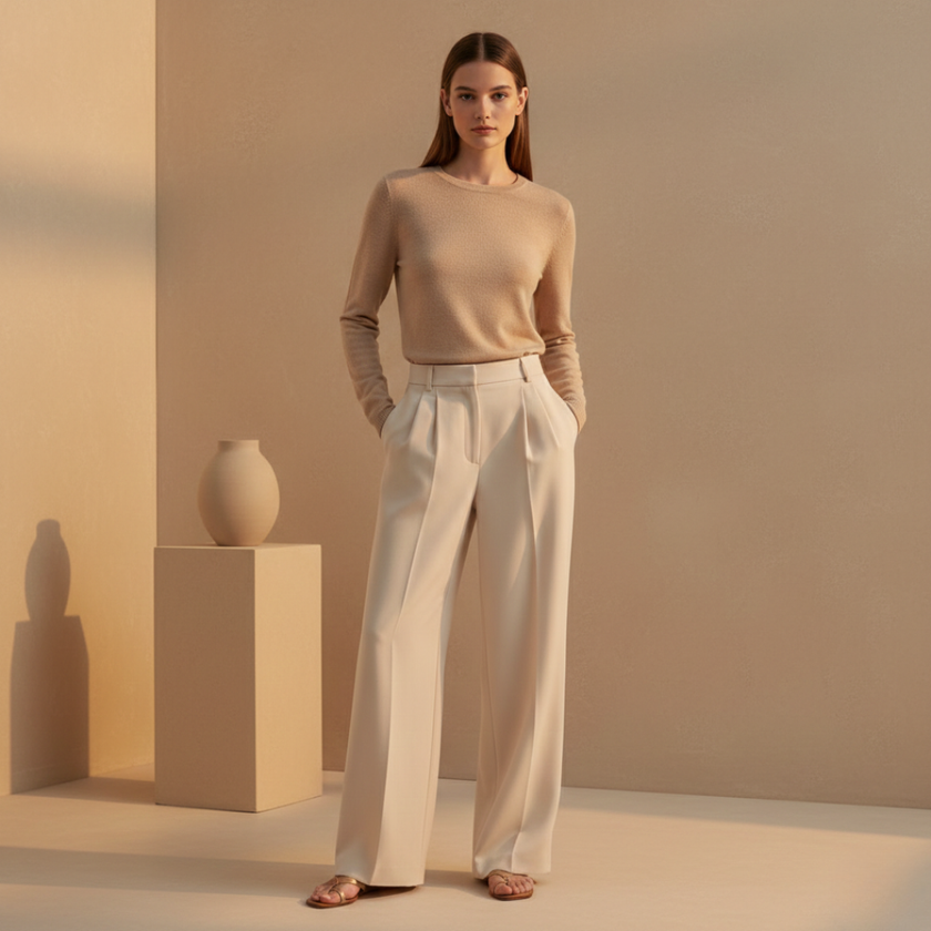Women’s relaxed fit straight leg trousers by FJØRNA, showing the comfortable fabric and classic fit on a neutral background.