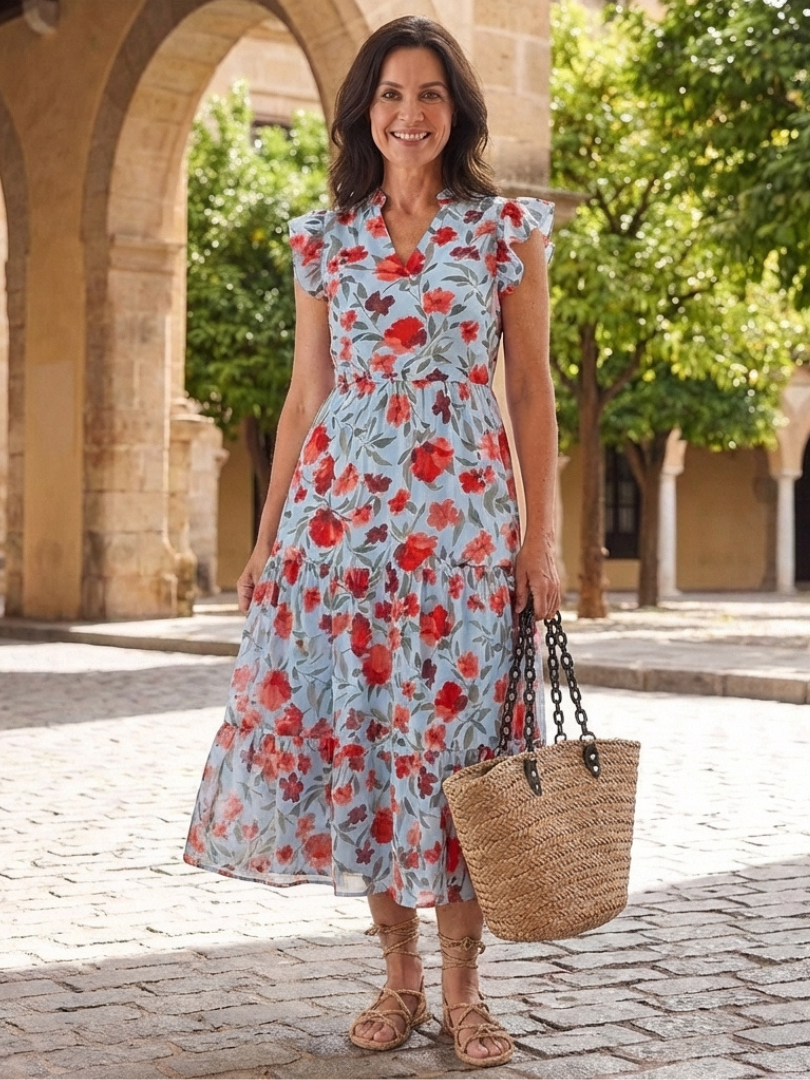 FJØRNA women's floral tiered summer midi dress hanging on a rack, showcasing lightweight fabric and vibrant floral pattern.