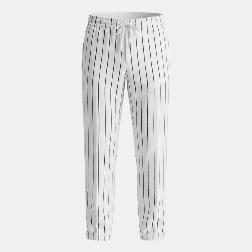 Men's linen trousers by FJØRNA with drawstring, relaxed fit, and casual style, shown in a neutral color on a plain background.