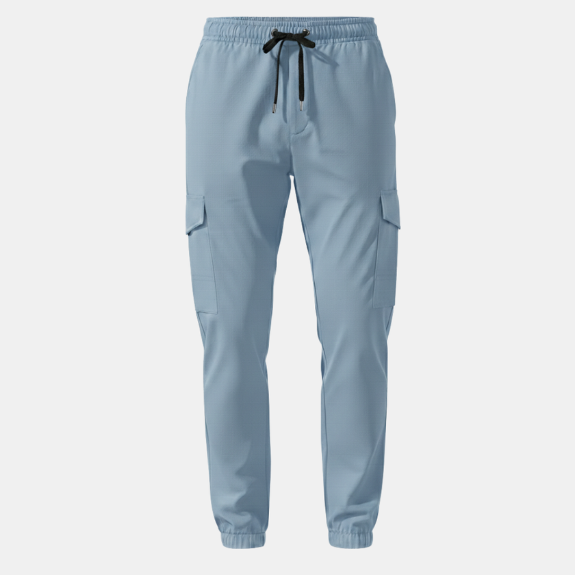 FJØRNA men's cargo trousers with drawstring waist, relaxed fit, durable fabric, and multiple pockets for casual and outdoor wear.