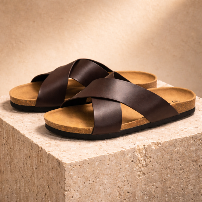 FJØRNA men's red cushioned sandals with open toe design, comfortable slip-on shoes for casual wear.