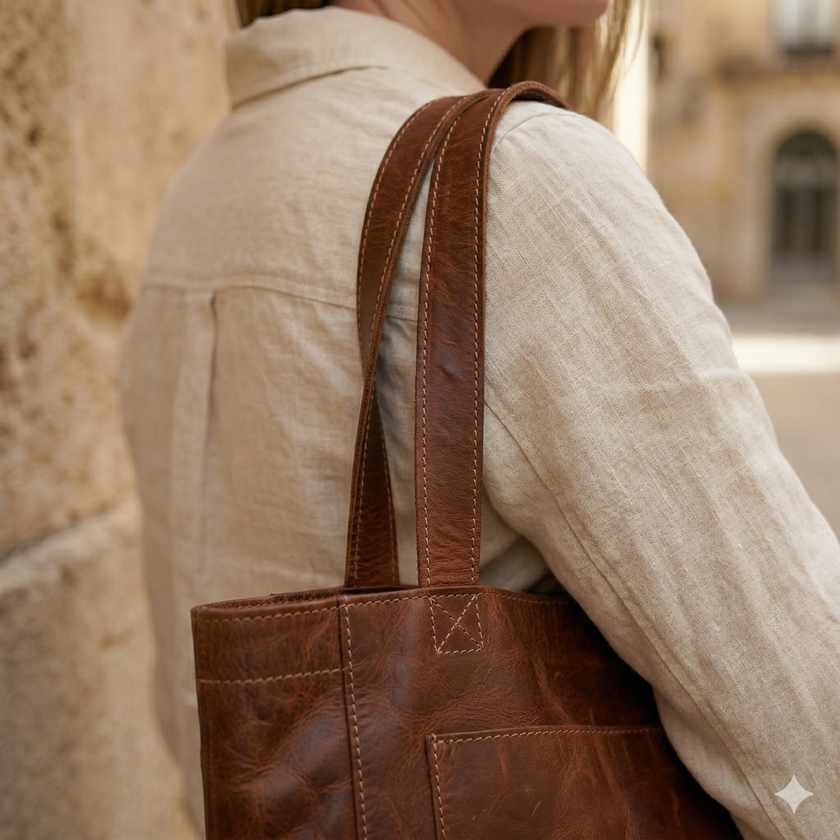 FJØRNA leather tote bag for women with anti-theft features, stylish travel bag in natural leather finish.