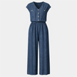 FJØRNA women's wide leg jumpsuit with V-neck, button front, and relaxed fit, stylish and comfortable for casual wear.
