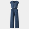 FJØRNA women's wide leg jumpsuit with V-neck, button front, and relaxed fit, stylish and comfortable for casual wear.