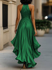FJØRNA Midnight Elegance satin halter ruffle gown with flowing fabric and stylish design, perfect for formal occasions.