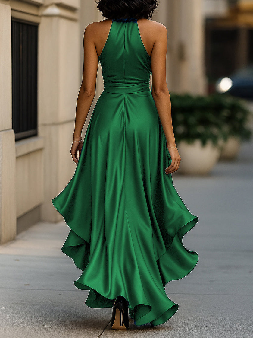 FJØRNA Midnight Elegance satin halter ruffle gown with flowing fabric and stylish design, perfect for formal occasions.
