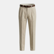 FJØRNA linen blend straight leg men's trousers with pleats, relaxed fit, and tailored waistband, displayed on a model.