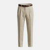 FJØRNA linen blend straight leg men's trousers with pleats, relaxed fit, and tailored waistband, displayed on a model.
