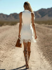 White Denim Tassel Mini Dress For Women