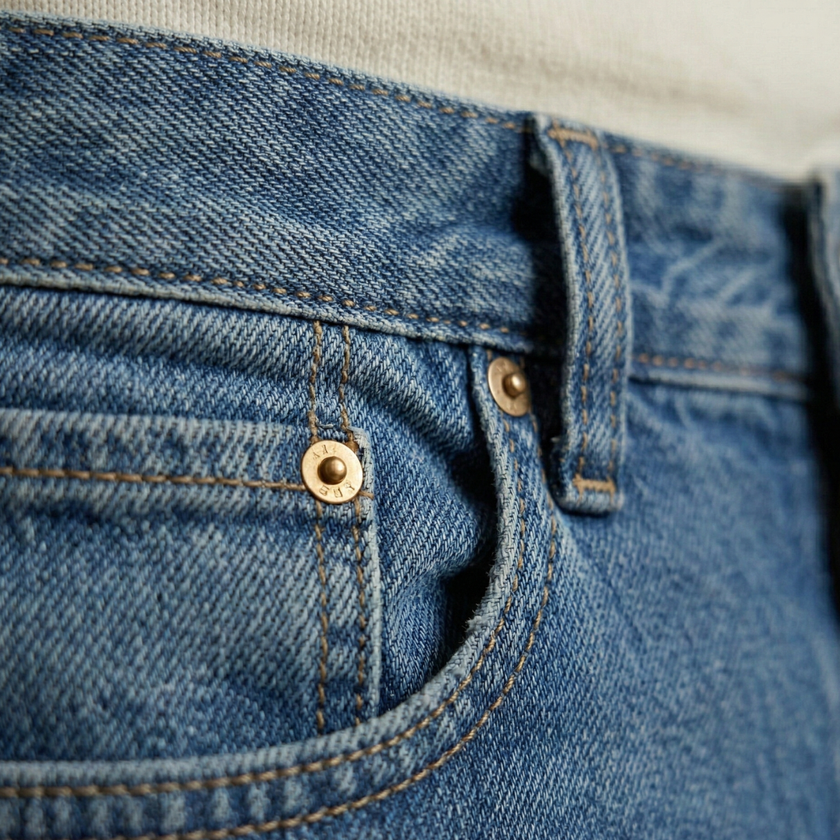 Men's FJØRNA elastic waist jeans showing a classic fit with front pockets and belt loops, made from durable denim fabric.