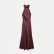 Women's satin halter maxi dress by FJØRNA featuring an open back and cowl neck for formal evening occasions.