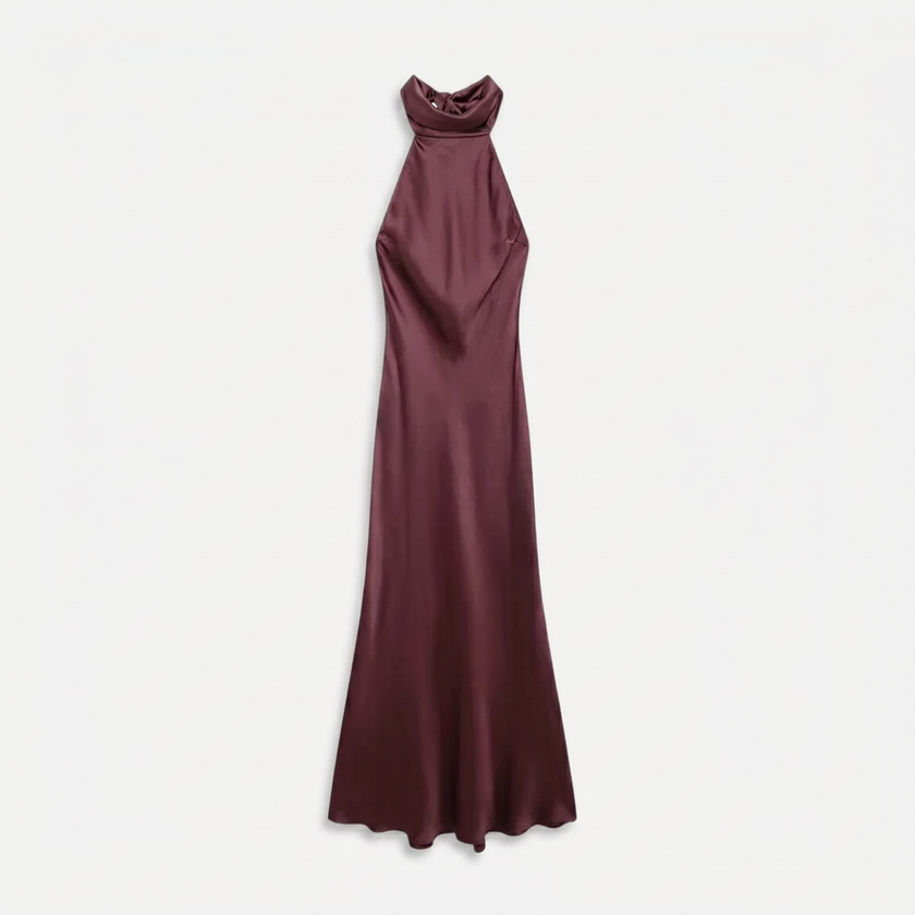 Women's satin halter maxi dress by FJØRNA featuring an open back and cowl neck for formal evening occasions.