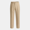 FJØRNA men's linen straight-leg pleated trousers displayed on a hanger, showcasing lightweight, breathable fabric and classic fit.
