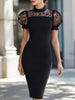 FJØRNA lace puff-sleeve sheath midi dress with intricate lace pattern and fitted silhouette, stylish and elegant for special occasions.