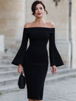 FJØRNA elegant off-shoulder bell-sleeve bodycon midi dress for women, fitted style with a chic off-shoulder neckline and bell sleeves.
