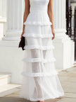 FJØRNA sheer mesh tiered ruffle maxi evening dress with long sleeves, elegant and flowing for formal occasions.
