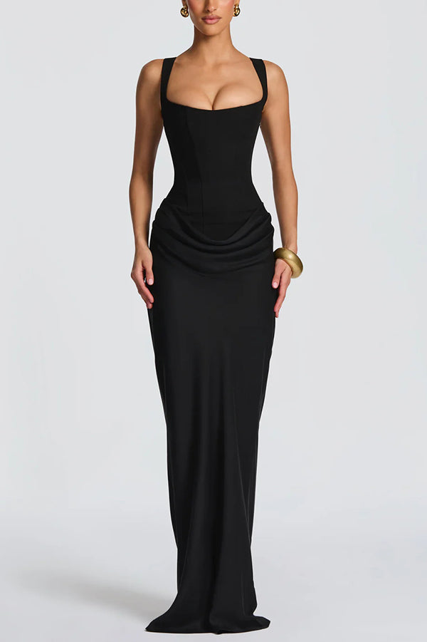 FJØRNA women's summer maxi dress featuring a square neckline and bodycon fit, in vibrant fabric, styled for warm weather.