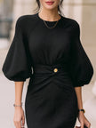 FJØRNA elegant sparkle knit puff-sleeve waist twist midi dress, featuring leather accents and a stylish, fitted silhouette.