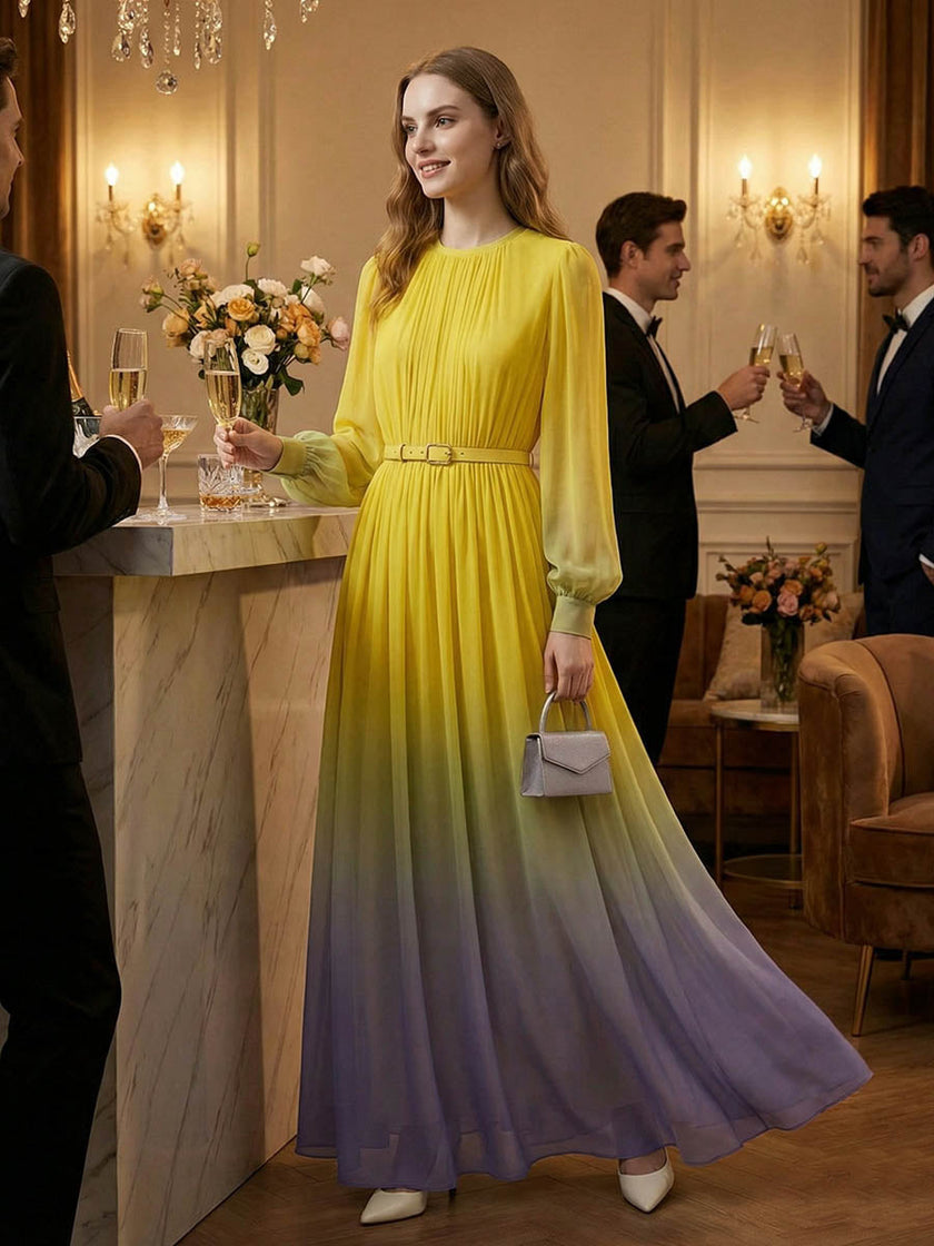 FJØRNA high waisted maxi dress with long sleeves, belt, contrast gradient pleats, split-joint, and round neck, displayed on a mannequin.