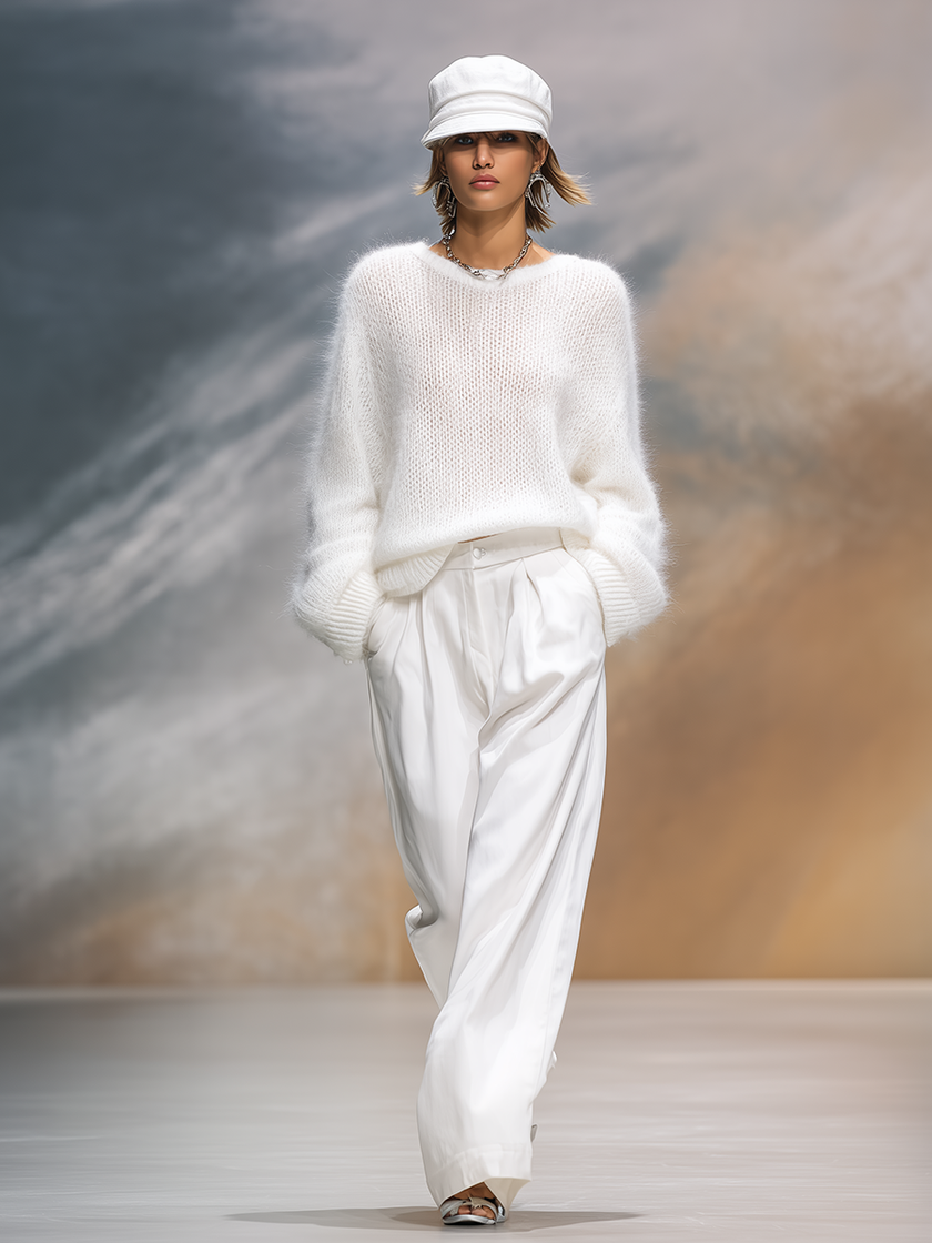FJØRNA elegant solid color round neck loose sweater, casual knit pullover with relaxed fit and soft fabric.