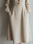 FJØRNA vintage tweed button long sleeve midi dress, stylish and elegant with a fitted silhouette and classic design.