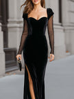 FJØRNA black velvet sweetheart gown with sheer long sleeves, elegant maxi dress, perfect for formal occasions.