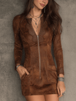 Vintage Caramel Brown Lace Trim And Zip Front Suede Women's Mini Dress